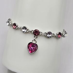 Swarovski Crystal Elements Silver Heart Charm Bracelet Pink 6.5 - 8.5 inch Prom